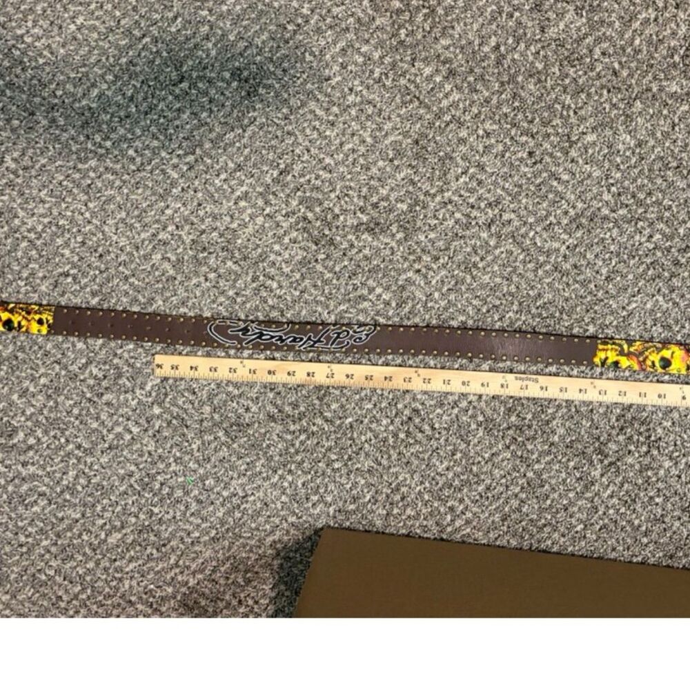 Ed Hardy brown leather belt size 42-44 yellow flames and skulls